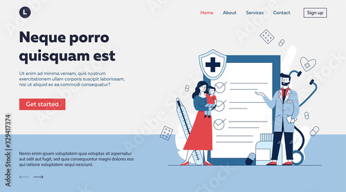 Woman with kid consulting doctor. Patient, pediatrician, medical checkup list flat vector illustration. Examination, healthcare, treatment concept for banner, website design or landing web page