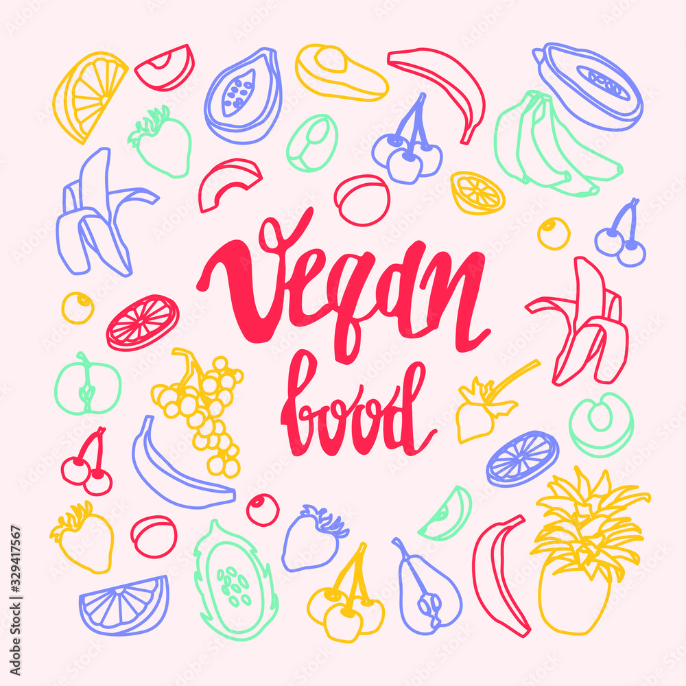Vector poster with neon fruits and lettering isolated on white background. Colorful tropical fruits, place for text. Pineapple, banana, berries. Kitchen modern poster, vegan shop, restaurant menu.