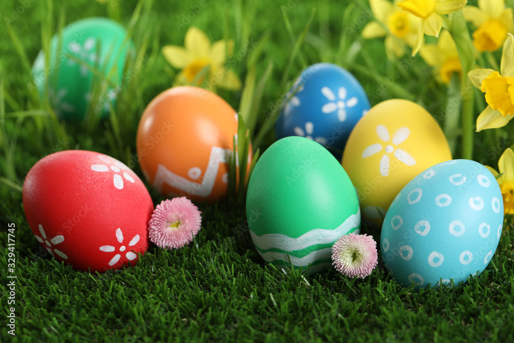 Colorful Easter eggs and flowers in green grass, closeup