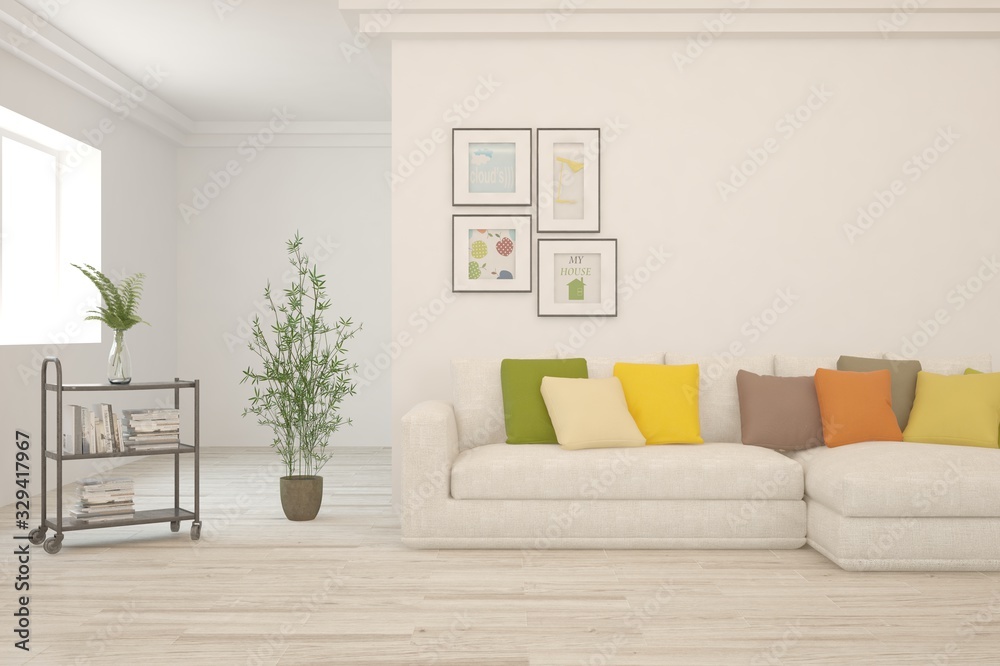 Naklejka premium Modern living room in white color with sofa. Scandinavian interior design. 3D illustration
