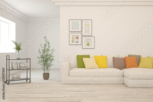 Modern living room in white color with sofa. Scandinavian interior design. 3D illustration