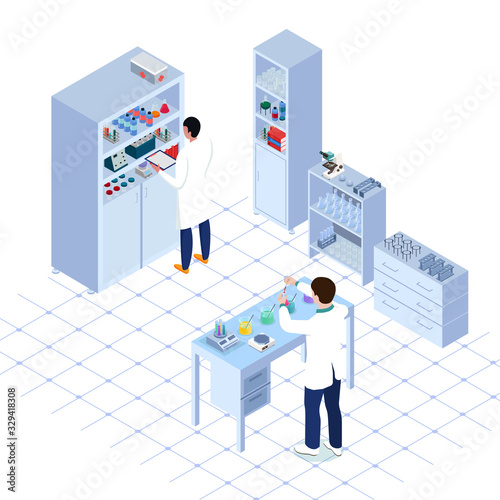 scientists preparing chemical fluids in cupboard. Virus vaccine search. Isometric scientist teamwork in laboratory.