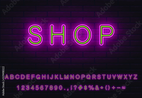 bold pink and green editable colors neon font set. collection of letters numerals signs icons symbols