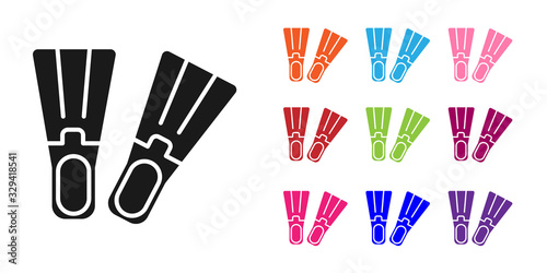 Black Rubber flippers for swimming icon isolated on white background. Diving equipment. Extreme sport. Sport equipment. Set icons colorful. Vector Illustration
