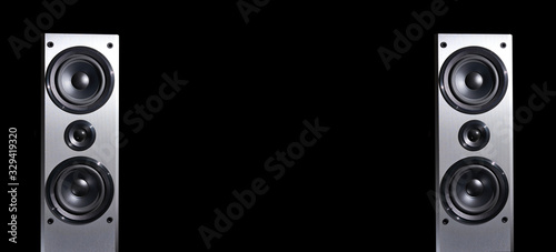 Hi-fi speakers on black background.Frontal image audio speakers