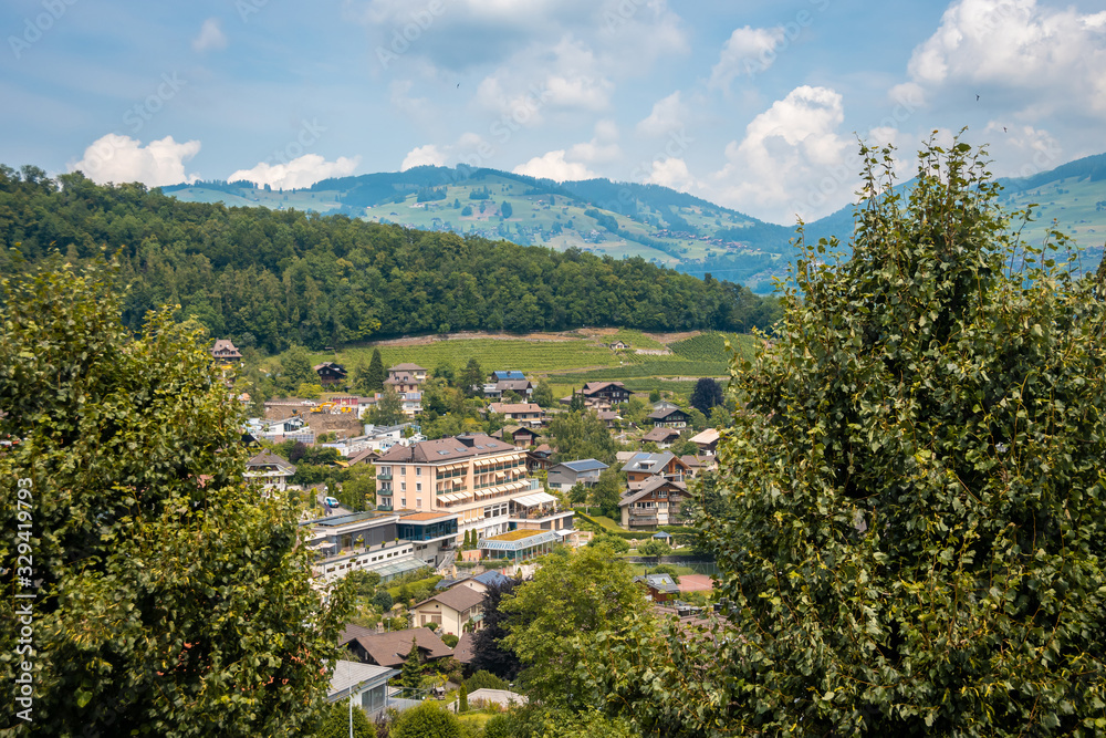 Obraz premium Aerial view of small swiss town in alps
