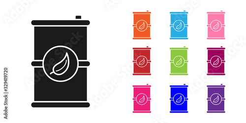 Black Bio fuel barrel icon isolated on white background. Eco bio and canister. Green environment and recycle. Set icons colorful. Vector Illustration