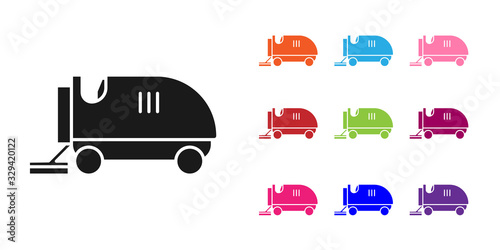 Black Ice resurfacer icon isolated on white background. Ice resurfacing machine on rink. Cleaner for ice rink and stadium. Set icons colorful. Vector Illustration