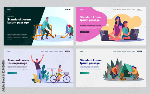 Family activities collection. Parent and kid playing sport game, riding bike, camping. Flat vector illustrations. Leisure, lifestyle, vacation concept for banner, website design or landing web page