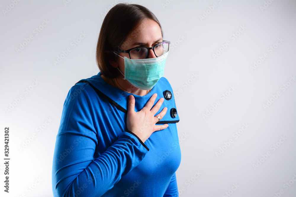 Portrait of woman feeling crushing chest pain, loss of blood supply, Virus infection, shortness