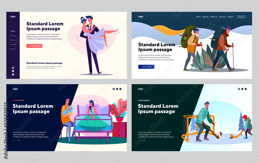 Couple development collection. Getting married, having baby, playing sport game with child. Flat vector illustrations. Love, relationship, family concept for banner, website design or landing web page
