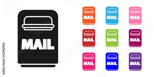 Black Mail box icon isolated on white background. Mailbox icon. Mail postbox on pole with flag. Set icons colorful. Vector Illustration