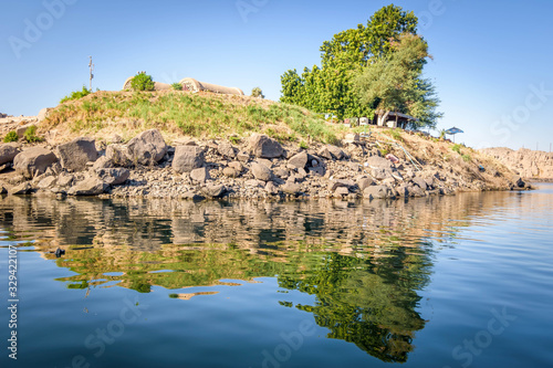 small Rocky island covered with grass and a green tree in the middle of the Nile at Aswan  Egypt