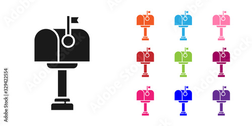 Black Mail box icon isolated on white background. Mailbox icon. Mail postbox on pole with flag. Set icons colorful. Vector Illustration