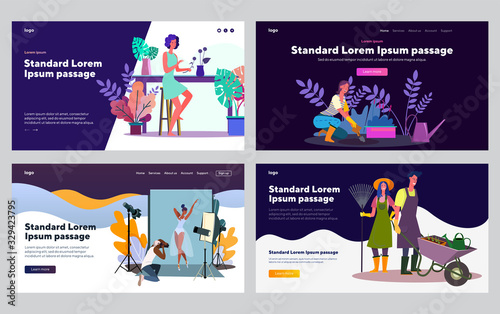 Planting and photography professional set. Gardener planting seedlings, photographer, florist. Flat vector illustrations. Work, job, occupation concept for banner, website design or landing web page