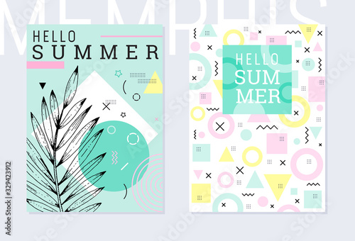 Summer party poster pattern set, geometric memphis style. Cool trendy flyer with type quote. Tropical palm leaf for travel banner, music cover, fashion print. Leaf vector illustration background