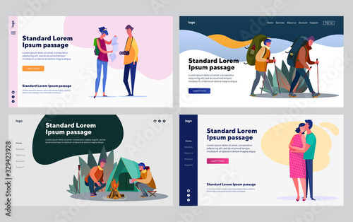 Happy young couple collection. Man and woman traveling, camping, expecting baby. Flat vector illustrations. Love, relationship, vacation concept for banner, website design or landing web page