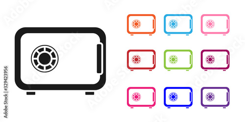 Black Safe icon isolated on white background. The door safe a bank vault with a combination lock. Reliable Data Protection. Set icons colorful. Vector Illustration