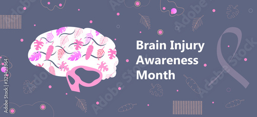 Brain injury awareness month in March. Neurology healthcare, dementia, Alzheimer metaphor. Anatomical science of brain and senses diseases