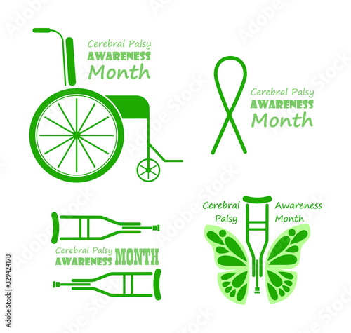 Cerebral Palsy Awareness Month in March. Grey and green emblems with wheelchair and crutches. Banners with butterfly is symbol of disability