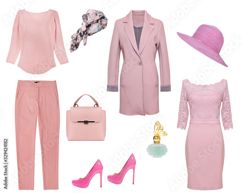 Female elegant clothes collage isolated on white background