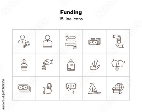 Funding icons. Line icons collection on white background. Manager, way to money, transfer. Money concept. Vector illustration can be used for topic like business, banking, finance