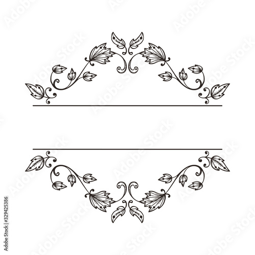 Hand Drawn Vintage damask ornamental elements for design. Baroque frame scroll ornament. Elegant abstract floral pattern border in antique style. Decorative foliage swirl edging.