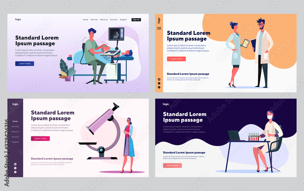 Medical tests set. Lab doctors with microscope, tubes, ultrasound scan. Flat vector illustrations. Examination, research, diagnosis concept for banner, website design or landing web page