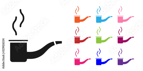 Black Smoking pipe with smoke icon isolated on white background. Tobacco pipe. Set icons colorful. Vector Illustration