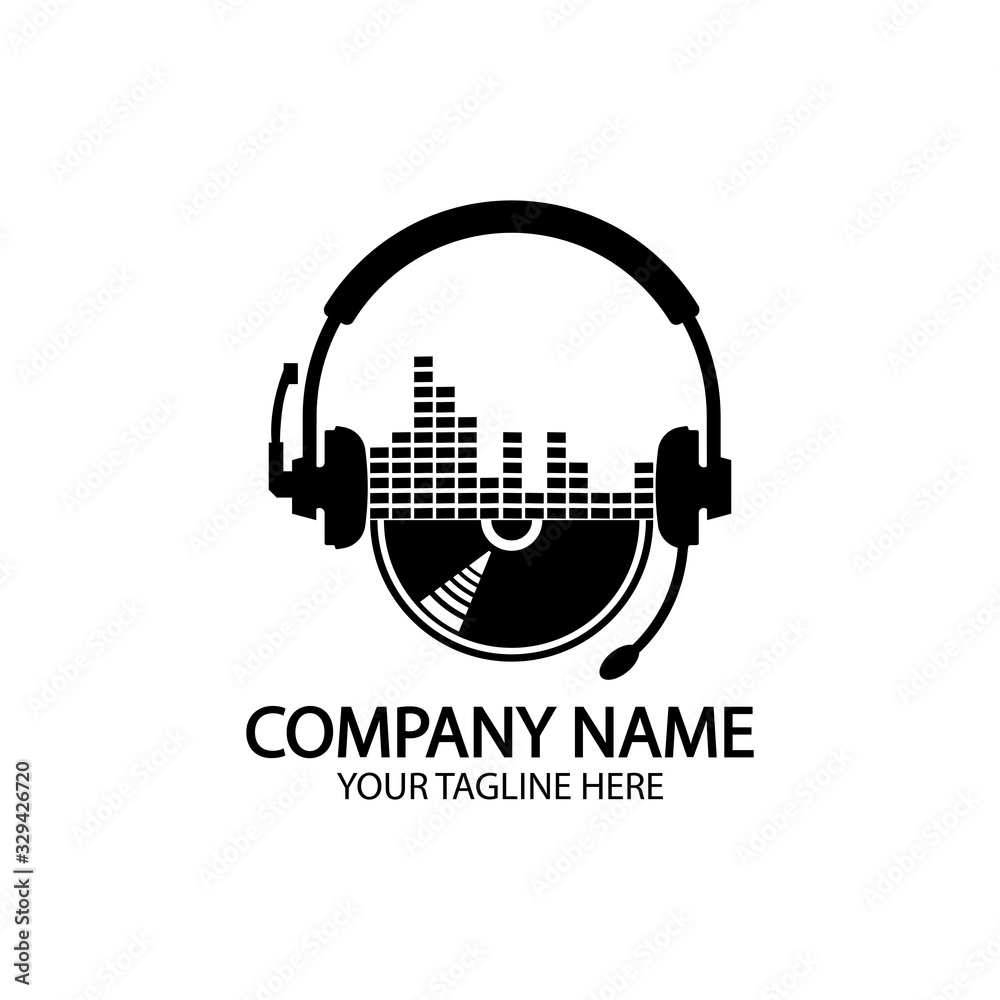 Headphones with microphone and sound waves beats, concept of radio station logo, dj disco symbol, broadcasting studio label, customer support emblem flat back icon, modern design vector illustration Headphones with microphone and sound waves beats, concept of radio station logo, dj disco symbol, broadcasting studio label, customer support emblem flat back icon, modern design vector illustration