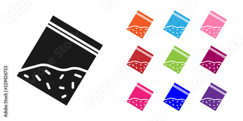 Black Plastic bag of drug icon isolated on white background. Health danger. Set icons colorful. Vector Illustration