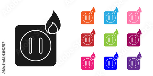 Black Electric wiring of socket in fire icon isolated on white background. Electrical safety concept. Plug outlet on fire. Set icons colorful. Vector Illustration