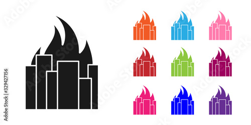 Black Fire in burning buildings on city street icon isolated on white background. Destroyed city on fire. Set icons colorful. Vector Illustration