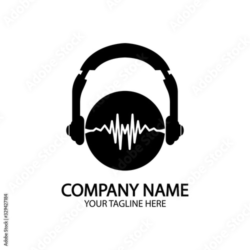 Headphones with microphone and sound waves beats, concept of radio station logo, dj disco symbol, broadcasting studio label, customer support emblem flat back icon, modern design vector illustration