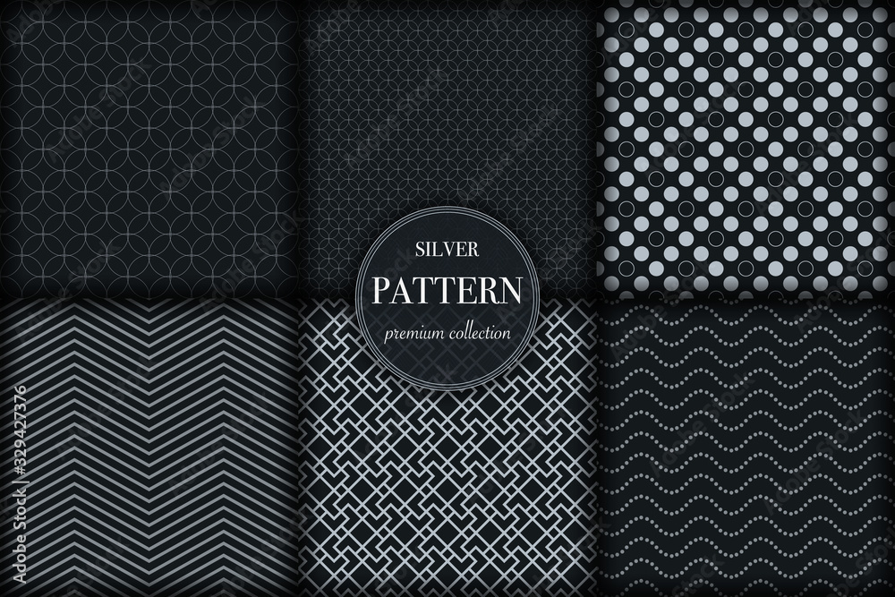 Set of 6 silver grayscale luxury geometric pattern background. Abstract line, dot retro style vector illustration for wallpaper, flyer, cover, banner, design template. minimalistic ornament, backdrop