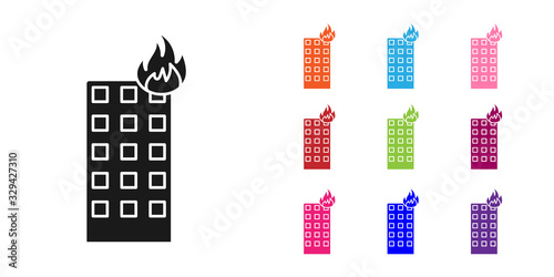 Black Fire in burning building on city street icon isolated on white background. Set icons colorful. Vector Illustration