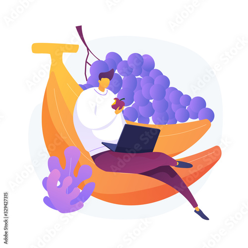 Organic fruits eating. Healthy snack, fruitarian diet, lunch break. Male freelancer cartoon character eating apple. Fresh natural bananas and grapes. Vector isolated concept metaphor illustration.