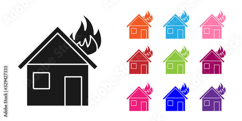 Black Fire in burning house icon isolated on white background. Set icons colorful. Vector Illustration