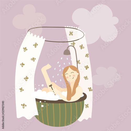 Cute funny card with a woman having a bath - on the violet background with clouds of steam . Cartoon vector illustration for poster or t-shirt.