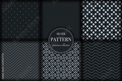 Set of 6 silver grayscale luxury geometric pattern background. Abstract line, dot retro style vector illustration for wallpaper, flyer, cover, banner, design template. minimalistic ornament, backdrop