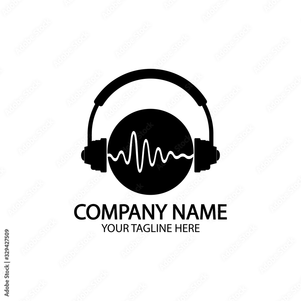 Headphones with microphone and sound waves beats, concept of radio station logo, dj disco symbol, broadcasting studio label, customer support emblem flat back icon, modern design vector illustration Headphones with microphone and sound waves beats, concept of radio station logo, dj disco symbol, broadcasting studio label, customer support emblem flat back icon, modern design vector illustration