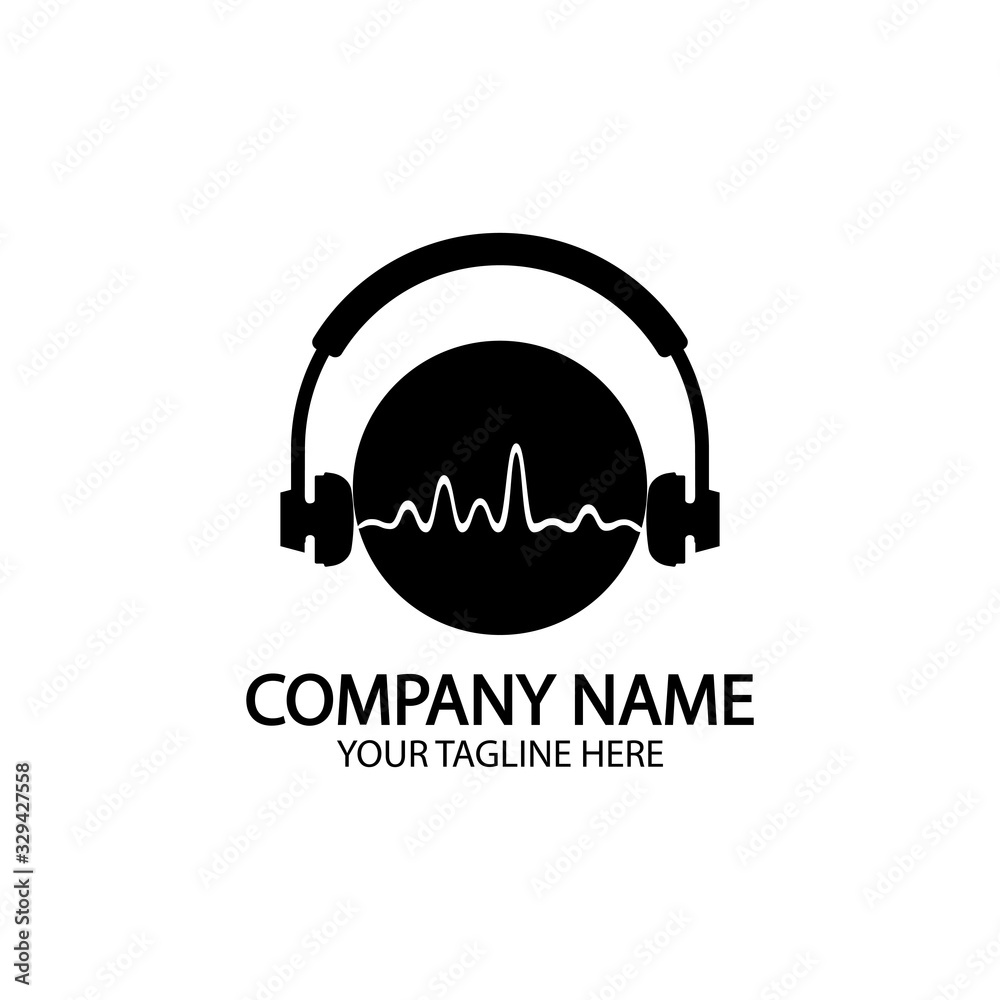 Headphones with microphone and sound waves beats, concept of radio station logo, dj disco symbol, broadcasting studio label, customer support emblem flat back icon, modern design vector illustration Headphones with microphone and sound waves beats, concept of radio station logo, dj disco symbol, broadcasting studio label, customer support emblem flat back icon, modern design vector illustration