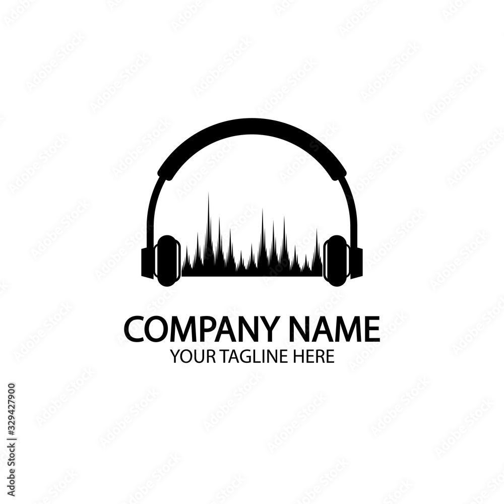 Headphones with microphone and sound waves beats, concept of radio station logo, dj disco symbol, broadcasting studio label, customer support emblem flat back icon, modern design vector illustration Headphones with microphone and sound waves beats, concept of radio station logo, dj disco symbol, broadcasting studio label, customer support emblem flat back icon, modern design vector illustration