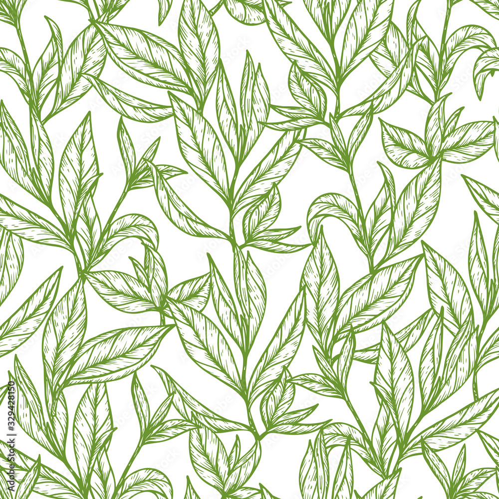 Hand drawn engraving style Green tea leaves Seamless pattern. Vector illustration