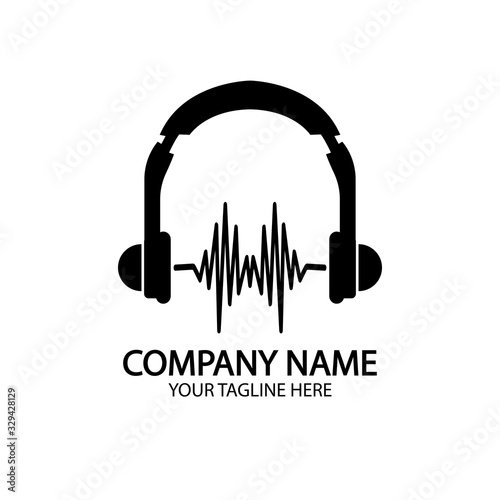 Headphones with microphone and sound waves beats, concept of radio station logo, dj disco symbol, broadcasting studio label, customer support emblem flat back icon, modern design vector illustration