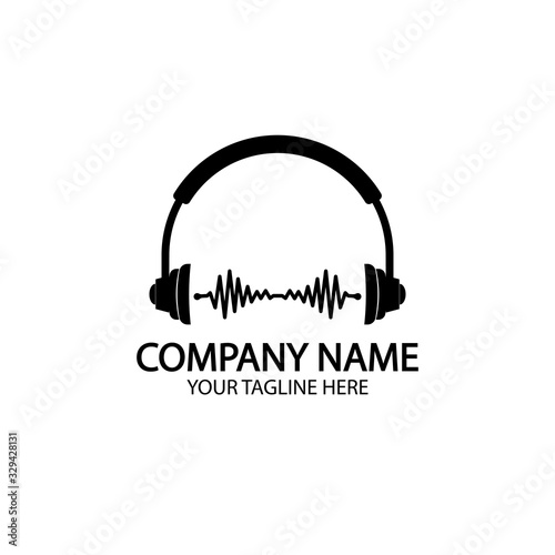Headphones with microphone and sound waves beats, concept of radio station logo, dj disco symbol, broadcasting studio label, customer support emblem flat back icon, modern design vector illustration