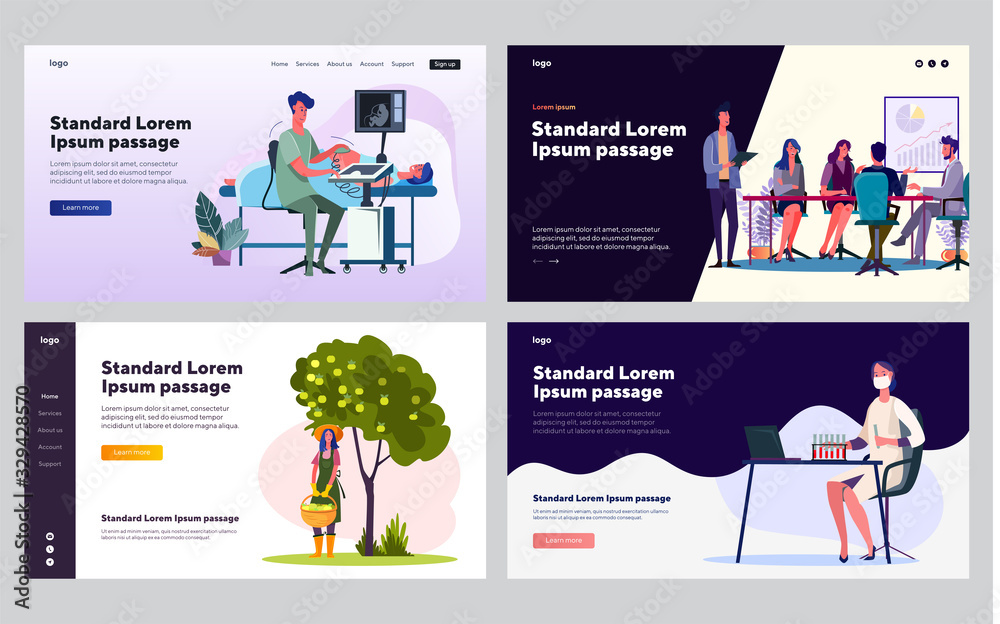 Set of different professionals. Doctor examining pregnant woman, gardener picking apples. Flat vector illustrations. Work, job, occupation concept for banner, website design or landing web page