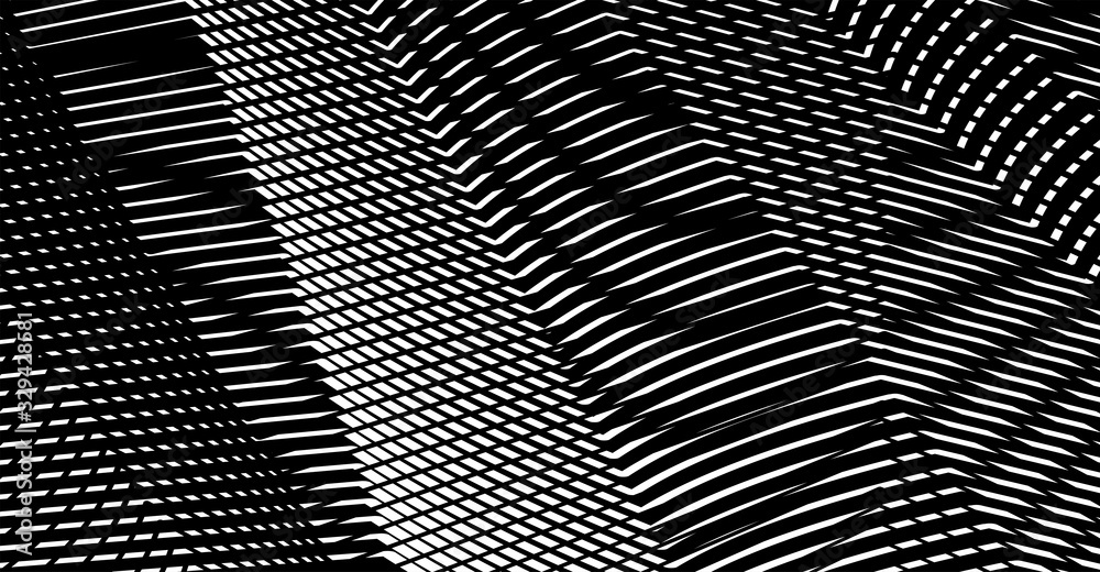 Wavy mesh monochrome texture of straight lines with illusory moire effects on black background. Perfect for abstract backdrop with addition of your text, header. Web pages, mobile apps, business card.