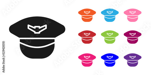 Black Pilot hat icon isolated on white background. Set icons colorful. Vector Illustration