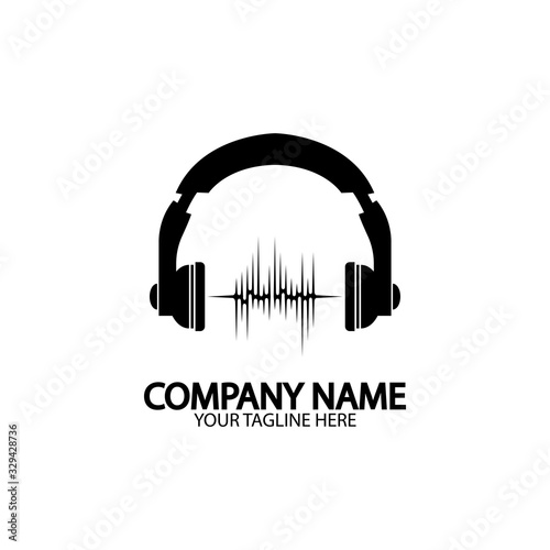 Headphones with microphone and sound waves beats, concept of radio station logo, dj disco symbol, broadcasting studio label, customer support emblem flat back icon, modern design vector illustration